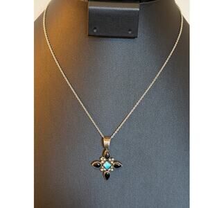 Vintage Black Onyx & Turquoise Sterling Beaded Four Point Pendant Necklace